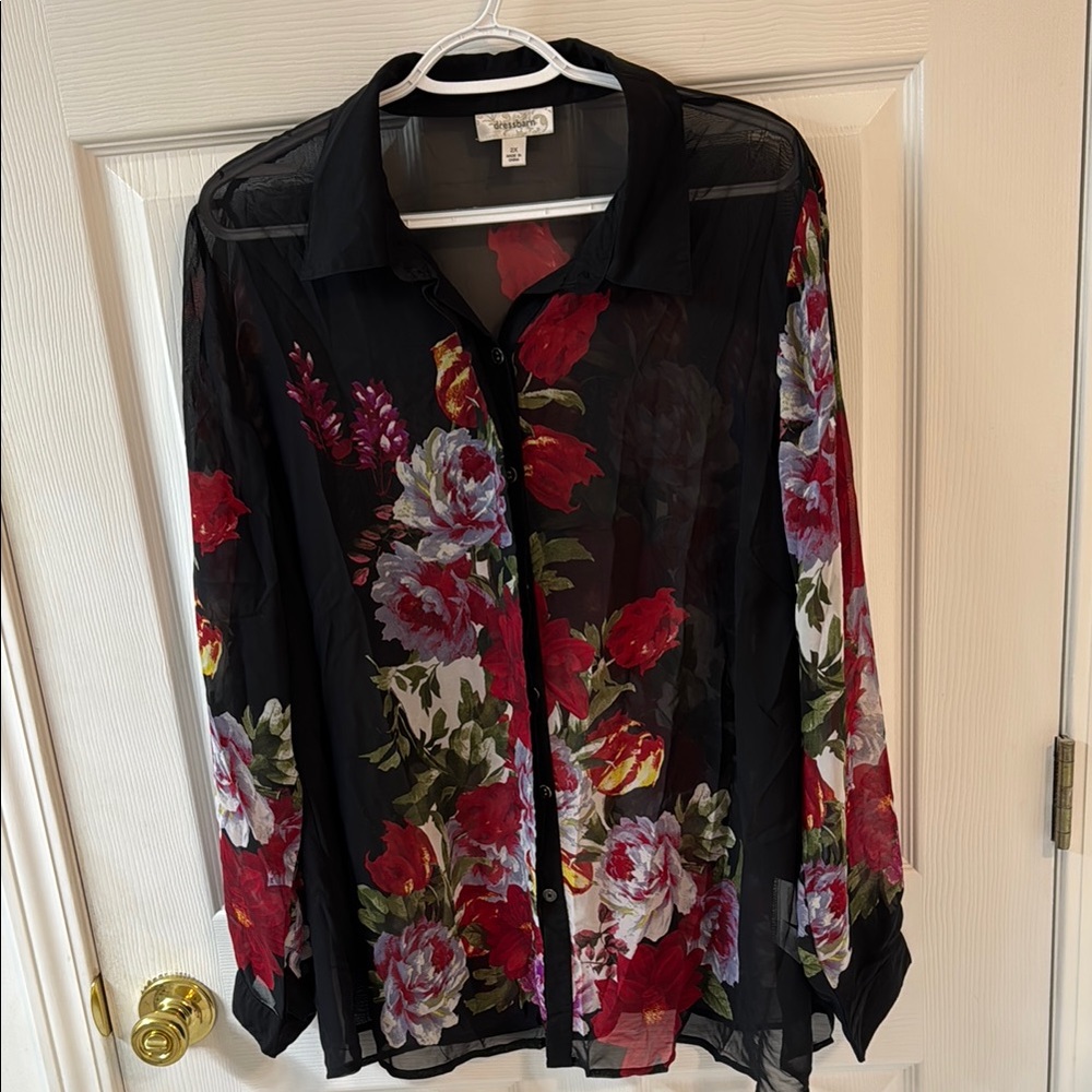 Dress Barn Floral Sheer Button-Up Blouse size 2x Ptp is 25.5 and length is 29